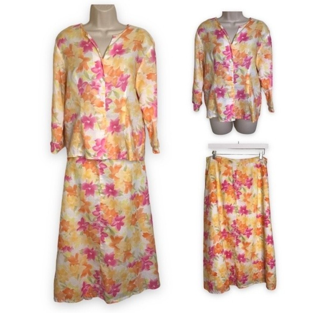 VTG Jennifer Eden Two Piece Top Skirt Ramie Watercolor Floral Print Women 10